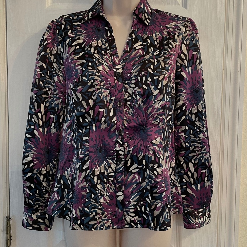 East 5th Blue/purple satin blouse Petite Small NWT